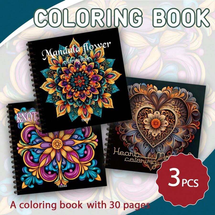 Tlenpo 3pcs/1set, Assorted Pattern Adult Coloring Book - 1 Book 30 Sheets, 8.3x 8.3 Inches, For Adults To Relieve Stress, Anxiety And Other Emotions, Holiday Gift, Back To School Gift, Christmas Gift, Halloween Gift, Perfect Choice For Many Holiday Gifts (Accessories Not Included) - L - View 1