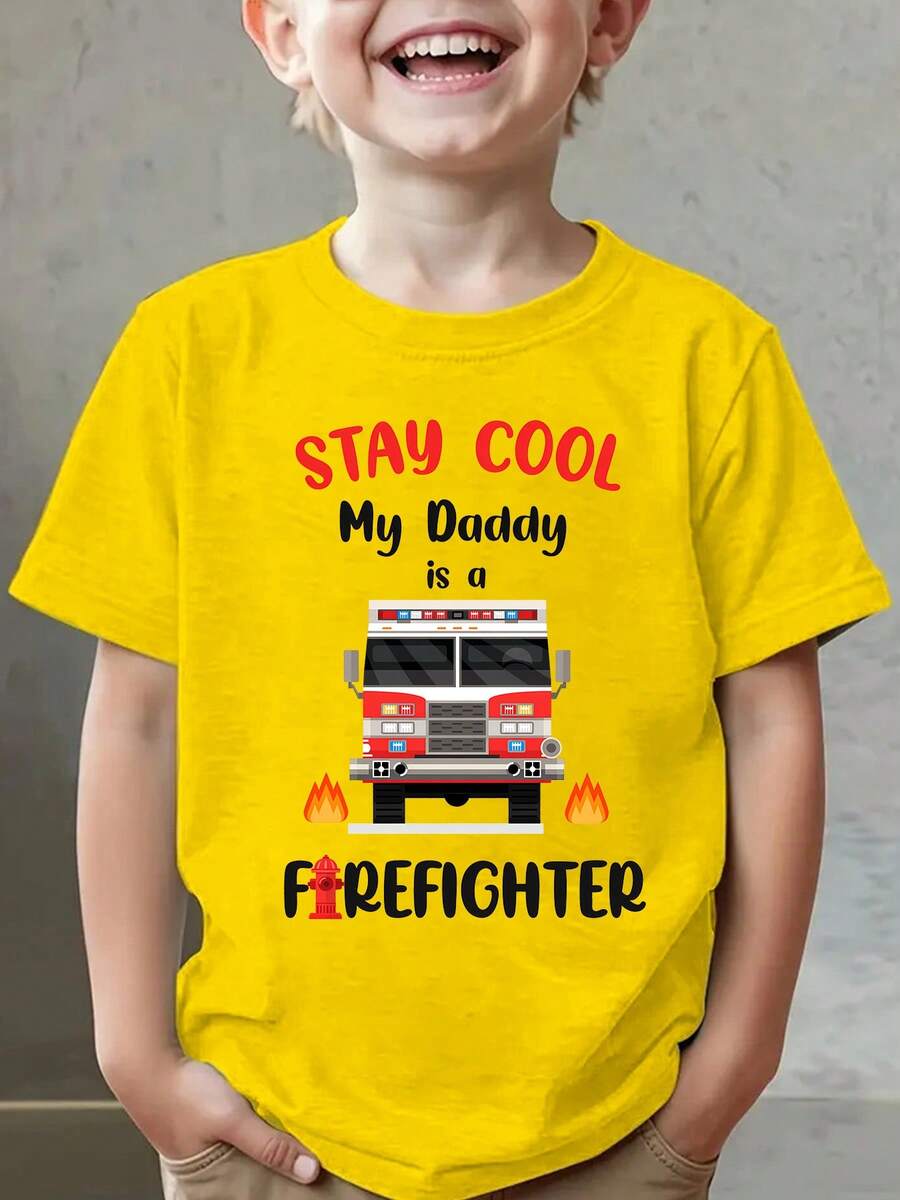 Summer Fashion Short Sleeve T-Shirt For Kids "STAY COOL My Daddy Is A FIREFIGHTER" With Fire Truck Cartoon Print, Casual Outdoor Top NY-DX9673 - 黃色 - 查看 1