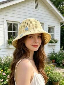 1件女款可折疊寬簷草帽，可愛花卉夏季海灘度假旅行水桶帽 - 彩色 - 查看 4