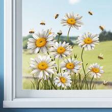 1pc Fresh Daisy & Bee Static Window Cling, Glue-Free Translucent Glass Door & Window Decorative Floral Static Sticker - Multicolor - View 2