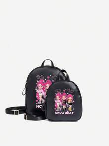 1pc Girls Cute Classic Backpack K-Pop Witch Girl Group Print Backpack, Rainbow Backpack, Shoulder Bag, Heart-Shaped Wallet, Adjustable Shoulder Strap Design, Valentine's Day Gift, Suitable For Daily, Outdoor, School, Travel, Hiking, Portable Use, Lightweight Casual, Ideal Gift Choice - Black - View 3