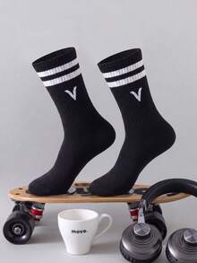 1/5/10/20 Pairs Black Letter Mid-Calf Socks, Striped Cuff Knitted Casual Street Style Mid-Calf Socks, Minimalist Yet Designed Overall Style, Suitable For Daily Commute, Casual Wear, Theme Parties, Holiday Gifts, Home Wear, Relaxed Style - Multicolor - View 5