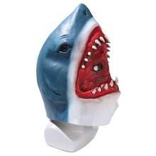 Máscara de látex de cabeza completa de tiburón blanco grande azul y blanco, boca roja de sangre realista con dientes blancos afilados, máscara de criatura depredadora del océano, piel texturizada con detalles de heridas, disfraz de monstruo de las profundidades marinas, tocado de personaje de película de terror de goma suave y transpirable, agujeros de ojos redondos huecos y transpirables, máscara de monstruo de tiburón gigante aterrador, adecuada para Halloween, Navidad, Pascua, Carnaval, Mardi Gras, fiestas de cumpleaños - Gran tiburón blanco - Ver 5