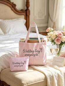1/2pcs Bridal Wedding Large Capacity Striped Tote Bag Set, Suitable For Beach And Daily Use, Striped Beach Handbag With Pink Makeup Bag - Multicolor - View 8