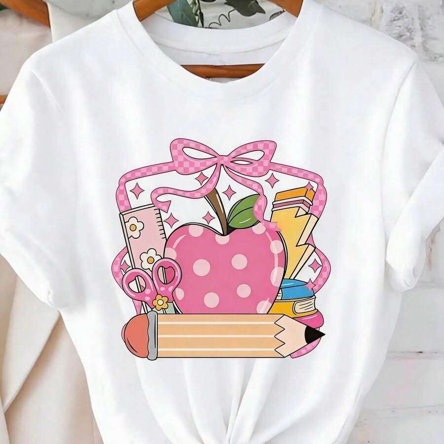 Women's Black Short-Sleeved T-Shirt With Pink Apple Graphic Print And School Supplies – Casual Fashion, Round Neck, Teacher-Themed, Comfortable And Cool For All Seasons - 白色 - 查看 1