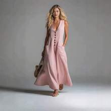 Vestido largo de verano con cuello en V para mujer, estilo casual y moderno, sin mangas, para el mercado transfronterizo europeo y americano. - Negro - Ver 3