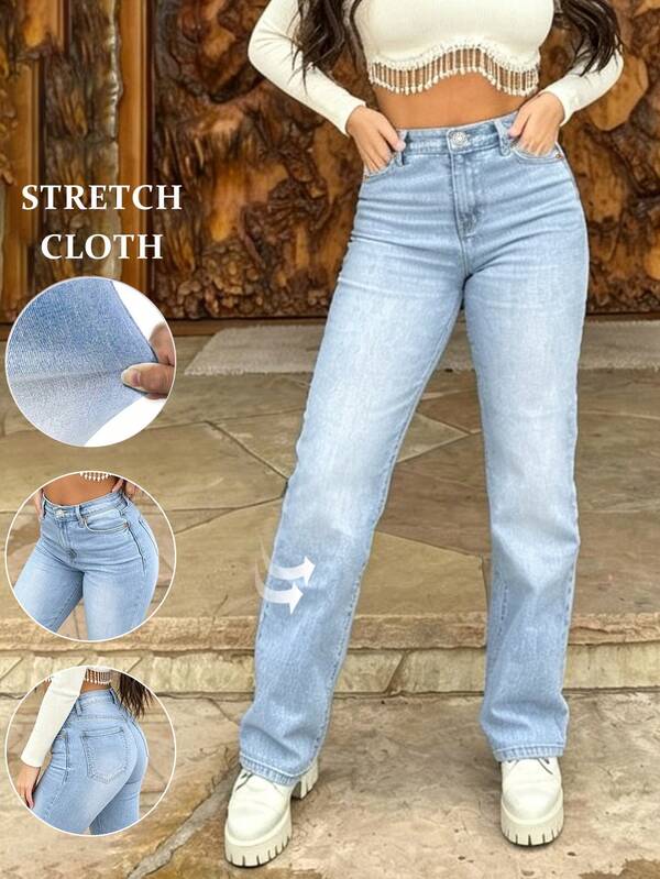 Light Blue Stretch Straight Jeans Women Slim Denim Pants Butt Lifting Buesiness Professional Casual Streetwear