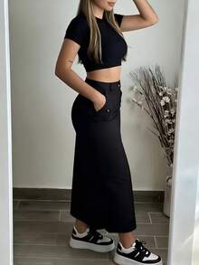 Women's Utility Style High Waist Slimming Slit Straight Skirt With Pockets - Black - View 2