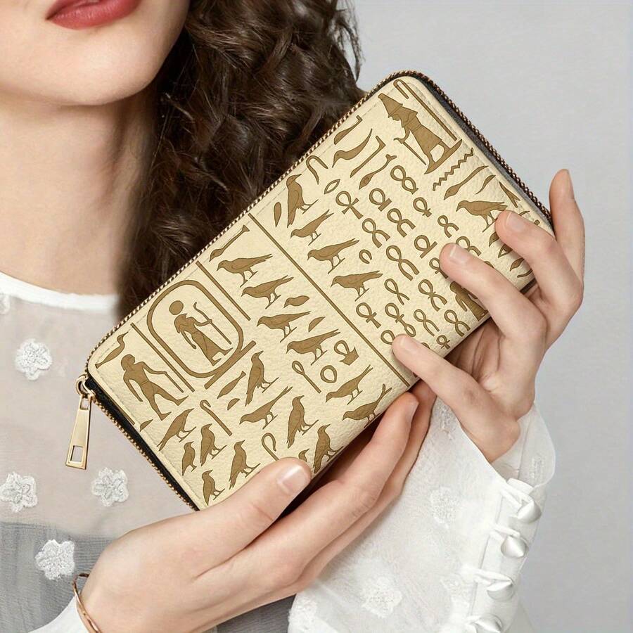 Cartera larga con patrón de jeroglíficos egipcios, cierre de cremallera, cartera multifuncional con ranuras para tarjetas y bolsillo para monedas, diseño de doble cara de moda, regalo perfecto para mujeres y hombres para uso al aire libre - Multicolor - Ver 1