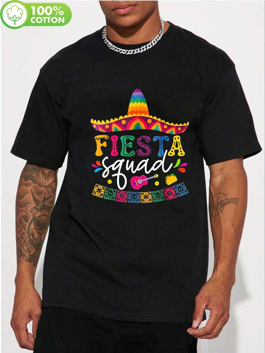Camiseta Fiesta Squad Cinco De Mayo para Carnaval Mexicano - Camiseta de cuello redondo 100% 180gsm, con estampados vibrantes de sombreros mexicanos y maracas, estilo vintage, ropa casual pa - Negro - Ver 1