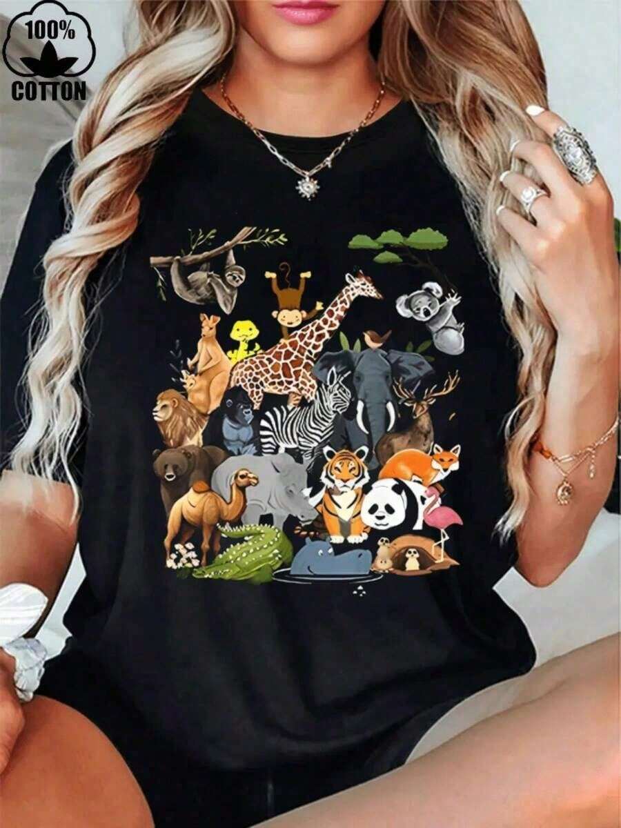 ropa de mujerNueva Camiseta Retro para Mujer20261 Pieza AINO 1 Pieza 100% Algodón Camiseta para Mujeres y Niños con Estampado de 22 Animales Lindos para Fiesta de Día de Zoológico y Vida Sil - Negro - Ver 1
