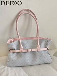 Dedoo Tas Tote Persegi Panjang PU Wanita, Polkadot Putih, Tali Bahu yang Dapat Diatur, Kapasitas Besar, Gaya Korea yang Manis, Tas Bahu, Cocok untuk Belanja Sehari-hari di Musim Panas (Liontin Tidak Termasuk) - Baby Blue - View 8