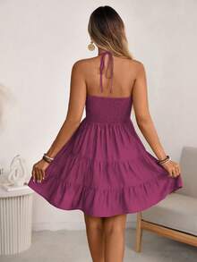 Women's Halter V-Neck Mini Dress, Ruched And Layered, Sleeveless, Ideal For Beach Vacations, Casual Daily Wear And Outdoor Picnic Outfits. - 粉紅紫色 - 查看 2