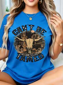 Women's Oversized T-Shirt With Western Bull Skull Graphic "Can't Be Tamed", Casual Summer Top, Country Style, Fashion Piece, Casual Blouses For Ladies - 藍色 - 查看 1