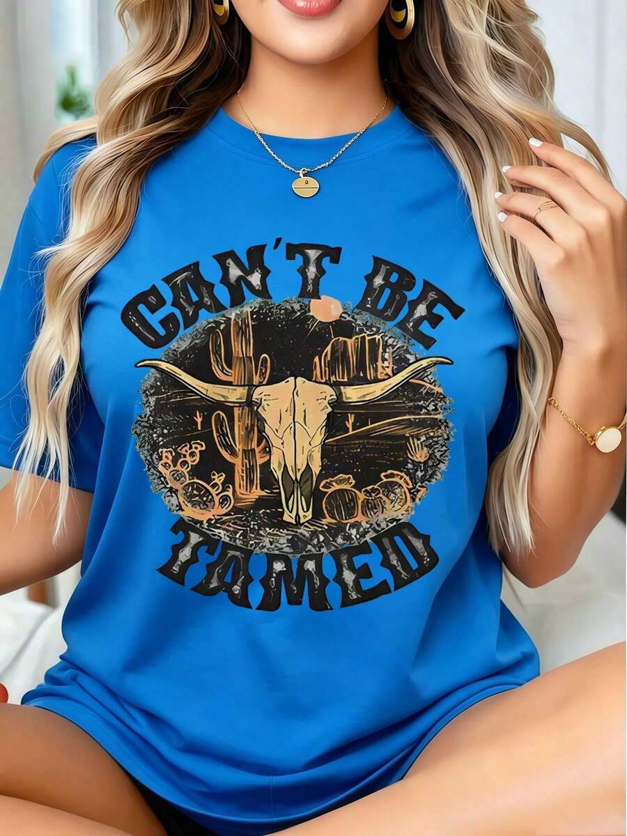 Women's Oversized T-Shirt With Western Bull Skull Graphic "Can't Be Tamed", Casual Summer Top, Country Style, Fashion Piece, Casual Blouses For Ladies - 藍色 - 查看 1