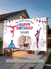 Customizable Name Photo Age Gymnastics Girl & Ballerina Theme Happy Birthday Watercolor Gymnastics Pose Silhouette, Triangle Bunting, Balloons, Floral Cake Elements, Encouraging Slogan Matching Gymnastics Dream Theme, Suitable For Gymnastics & Ballet Girl Birthday Party, Training Team Celebration, Sports Theme Photo Backdrop Vinyl Banner - Multicolor - View 5