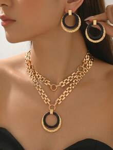 3pcs European & American Metal Style Necklace + Earring Jewelry Set For Women, Fashion Color Block Geometric Hollow Round Pendant, Double Layer Chain Collar Necklace, Exaggerated Large Heart-Shaped Earrings, Party Holiday Premium Gift Accessories - Golden - View 1
