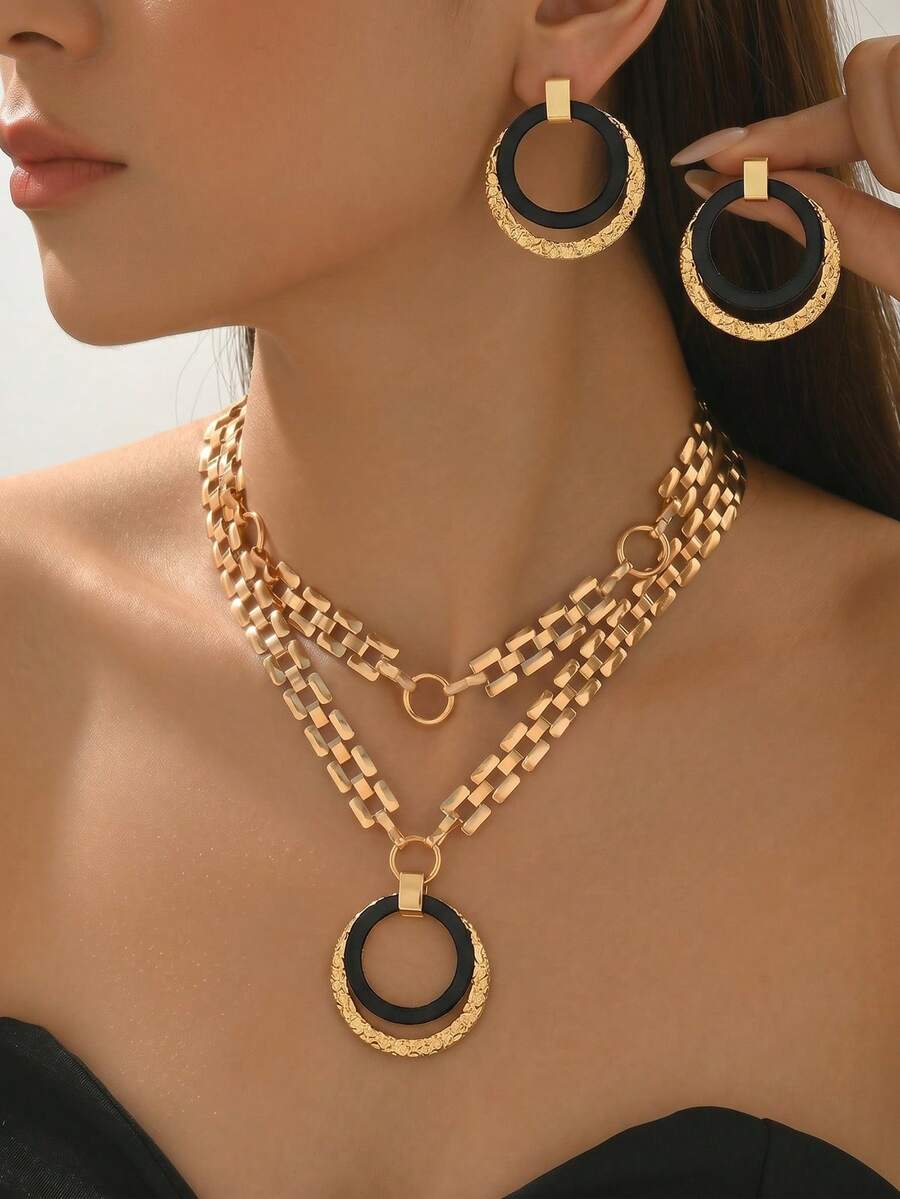 3pcs European & American Metal Style Necklace + Earring Jewelry Set For Women, Fashion Color Block Geometric Hollow Round Pendant, Double Layer Chain Collar Necklace, Exaggerated Large Heart-Shaped Earrings, Party Holiday Premium Gift Accessories - Golden - View 1