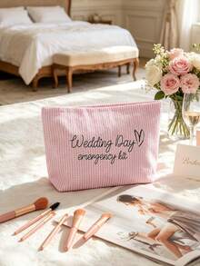 1/2pcs Bridal Wedding Large Capacity Striped Tote Bag Set, Suitable For Beach And Daily Use, Striped Beach Handbag With Pink Makeup Bag - Multicolor - View 3