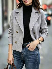 Women's Grey Cropped Double-Breasted Lapel Coat With Pockets, Regular Fit, Casual & Business Outerwear For Spring Autumn Winter Fall - Grey - View 10