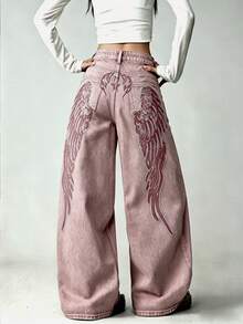 1pc American Street Style Women's Embroidered Loose Wide Leg Jeans Fashion All-Season Long Pants Casual Fall - Red - View 8