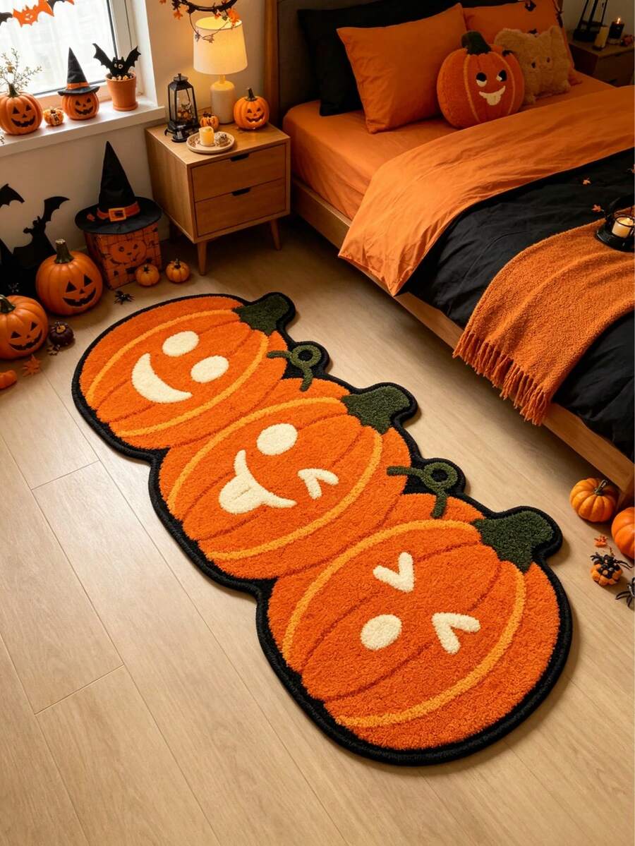 1pc 3-Piece Pumpkin Lantern Rug, Bedroom Decor, Small Rug, Carpet, Home Decor, Living Room Rug, Living Room Small Rug, Bedroom Rug, Living Room Home Decor, Outdoor Rug, Washable Rug, Halloween Gift - Multicolor - View 1