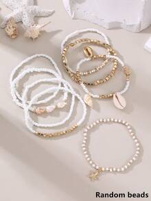 NAIZHU 8pcs Bohemian Ocean Style Starfish Shell Multi-Layer Beaded Anklet Set For Women, Vacation Style, Random Color - Multicolor - View 6