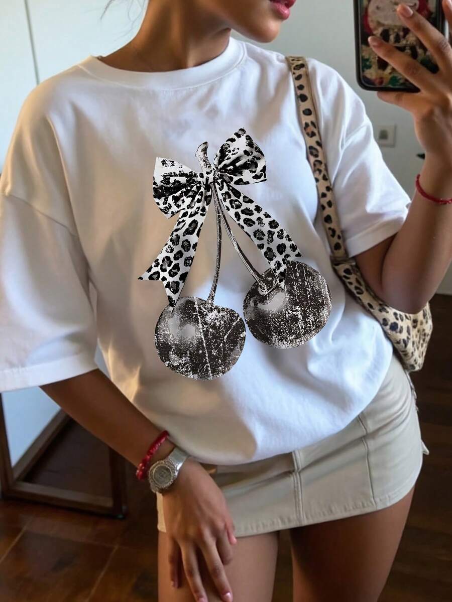 Short-Sleeved T-Shirt With Round Neck, Cherry Print And Bow Design. - White - View 1