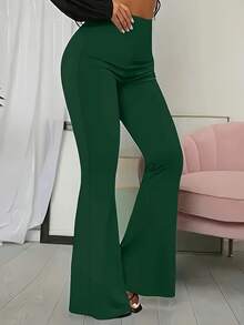 Pantalones Casuales de Talla Grande para Mujer, Cintura Alta, Color Sólido y Corte Acampanado, Moda Versátil para Primavera-Verano - Verde oscuro - Ver 5