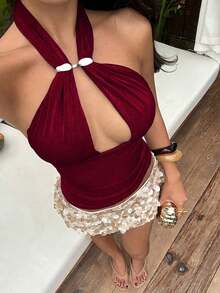Top Sexy de Mujer  con Aberturas, Decoración de Hebilla Metálica, Cuello Halter con Cordones, Amarillo Claro, Primavera, Top para Salir, Top Sexy para Mujer - Burdeos - Ver 1