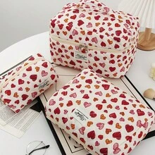 3合1水彩混色紅橘愛心格紋印花絎縫棉製洗漱包套組，大號手提洗漱包 + 中號與小號化妝收納包，便攜旅行護膚品與刷具收納袋，甜美女孩風情人節生日禮物 - 彩色 - 查看 11
