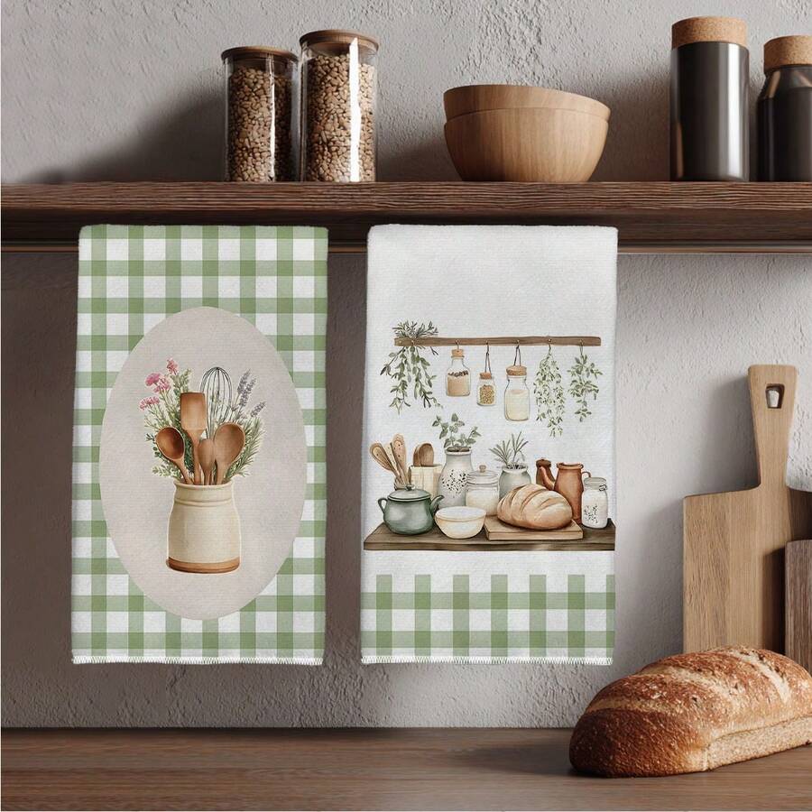 2 Stücke frische ländliche Küchen-Back-Illustrationsmuster Küchentücher, rechteckige Mikrofaser Küchentücher, Geschirrtücher, Scheuerschwämme, Handtücher, Koch-Back-Teetücher, Küchendekoration, Einweihungsgeschenke, Geburtstagsgeschenke, Badezimmer Reinigungstücher, dekorative Handtücher - Verschiedenfarbig - Übersicht 1