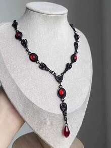 1pc Gothic Punk Deep Red Bat Water Drop Pendant Necklace Women's Halloween Jewelry New Accessory - Black and Red - View 4