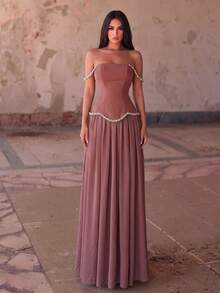 Women's Strapless Backless Rhinestone Evening Gown, Sparkling Trim Decoration Wedding Party Fall - Dusty Pink - View 4