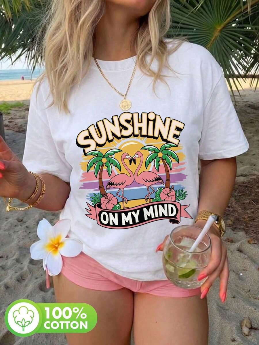 Soft Cotton Summer T-Shirt. Women's Basic Cotton T-Shirt, Vintage Style, With Flamingo, Palm Tree, Hibiscus Flower And "SUNSHINE ON MY MIND" Print, Casual For Everyday Wear, Cut - 白色的 - 查看 1