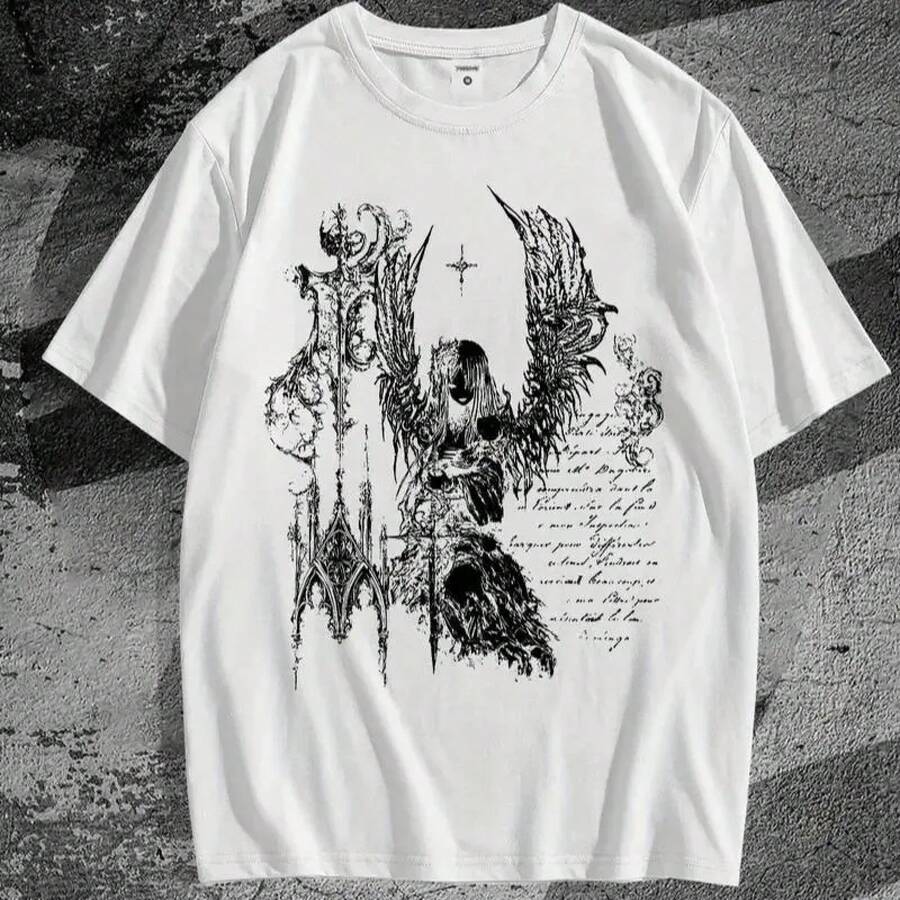Camiseta unisex gráfica de metal pesado gótico negro con diseño angelical y blanco, ligera para verano, conciertos, uso diario, cuello redondo, transpirable, estampado duradero - Blanco - Ver 1