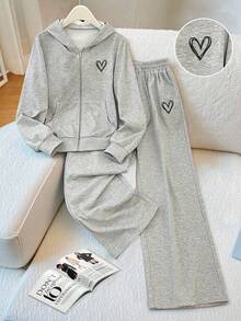 Hoodie Zipper dan Celana Bordir Motif Hati untuk Remaja Perempuan - Grey - View 1