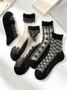 5 Pairs Women Black Lace Sheer Crew Socks, Summer Ultra-Thin Transparent Crystal Silk Non-Slip Cotton Sole Short Socks - Multicolor - View 1