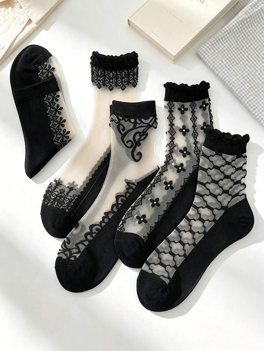 5 Pairs Women Black Lace Sheer Crew Socks, Summer Ultra-Thin Transparent Crystal Silk Non-Slip Cotton Sole Short Socks - Multicolor - View 1