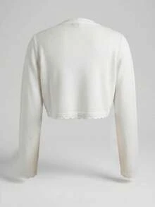 New Arrival Fall Women's White Cropped Knit Cardigan, Casual Boho Style With Elegant Wavy Hem Design - White - View 3