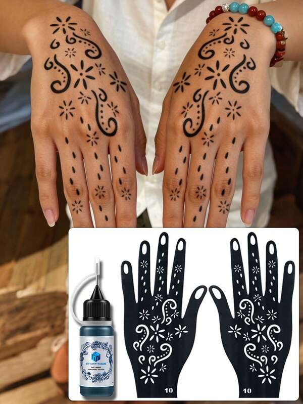 Hana Hand-Drawn Hollow Hands Tattoo Stencil + 1 Bottle Tattoo Color Henna Ink Set, Henna Tattoo, Suitable For Hands, DIY Painting, Ink, Reusable Mehndi Design Template Ink