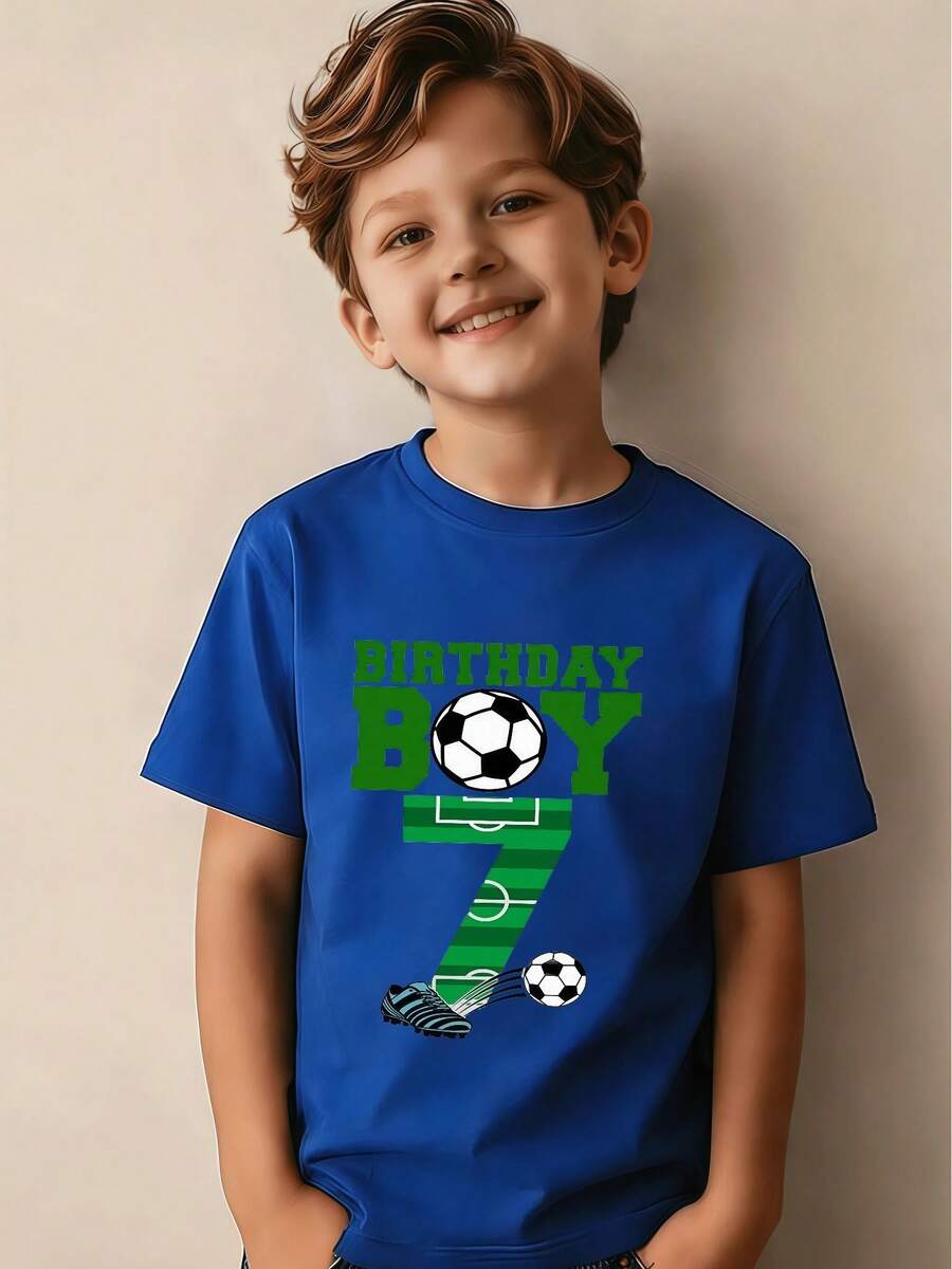 Boy's Number 7 Birthday Party T-Shirt, Featuring A "Birthday Boy" Print In Green Lettering, A Casual Short-Sleeved Sporty Style With Stadium Numbers And A Soccer Ball Design. - Biru - View 1