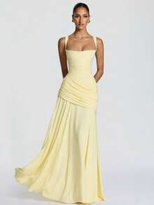 Elegant Women's Casual Party Dresses, Solid Color Strapless Sleeveless Fitted Waist Full Skirt European American Style Prom Dress - 黃色 - 查看 14
