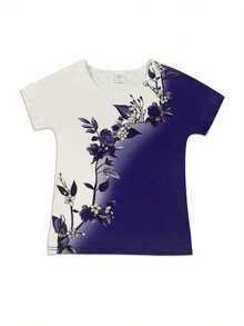 New Women's Short-Sleeved T-Shirt, European And American Style, With Round Neck, Floral Print, Color Block Design, Slim And Casual Fit. - 紫色 - 查看 2