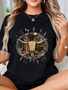 Women's Oversized T-Shirt With Western Bull Skull Graphic "Can't Be Tamed", Casual Summer Top, Country Style, Fashion Piece, Casual Blouses For Ladies - 黑色 - 查看 1
