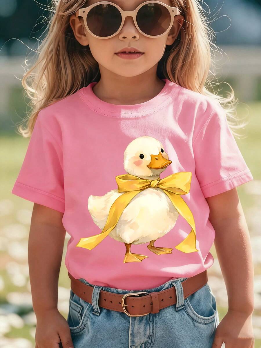 Girls' Short-Sleeved T-Shirt, Summer Style, With "Duckling With Bow" Cartoon Print, Versatile Casual Top NY-DX9851 - 灰色 - 查看 1