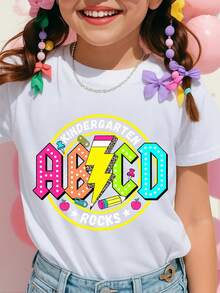 Short Sleeve T-Shirt For Boys And Girls With ABCD Letter Print And Lightning Bolt Kindergarten Rocks Retro Style Fun For Back To School - White - View 2