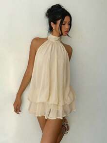 Vestido mini elegante para mujer con cuello halter y detalle de lazo en tono amarillo claro - beis - Ver 7
