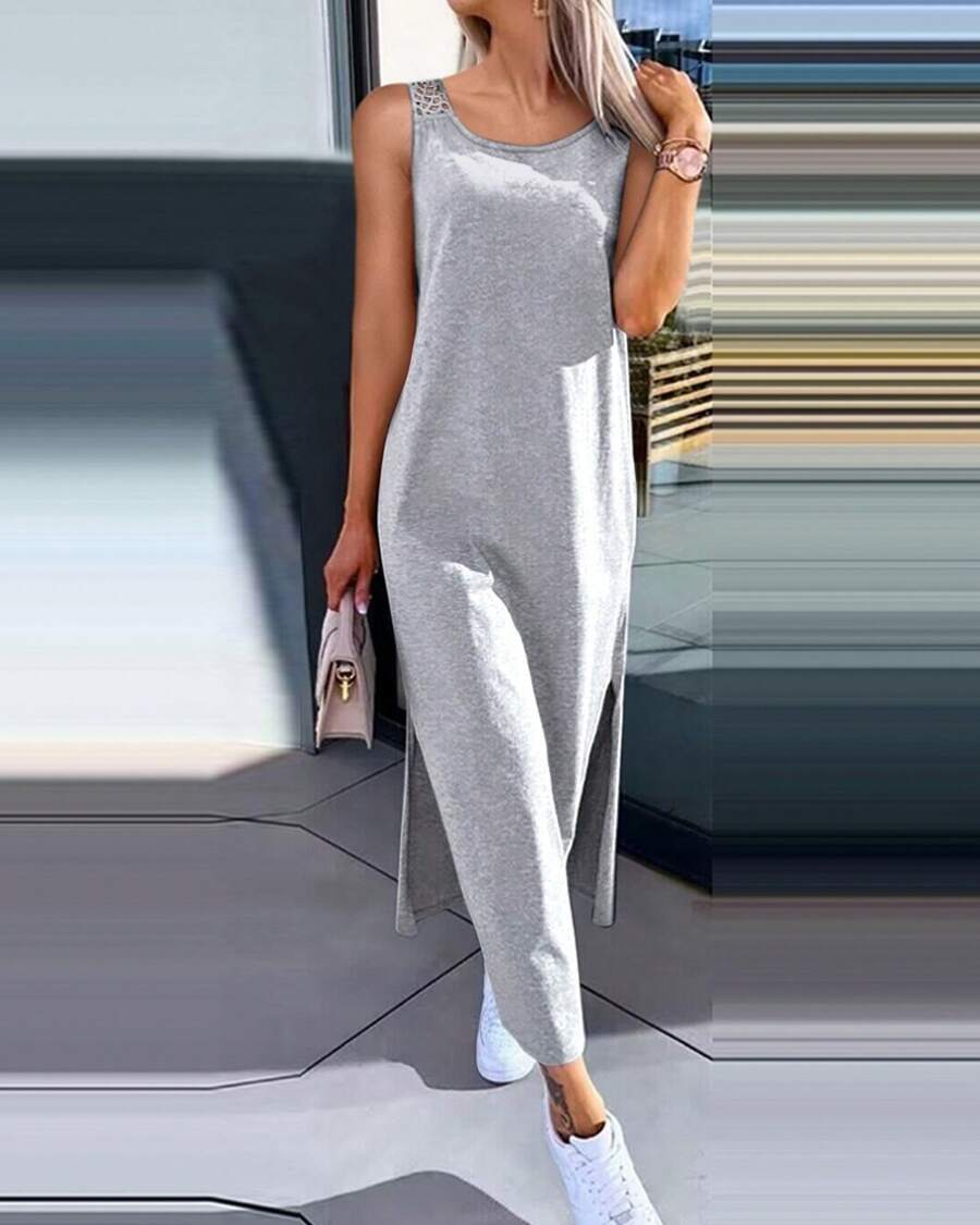 New Women's Simple Solid Color Sleeveless Summer Dress With Lace Back - Grey - View 1