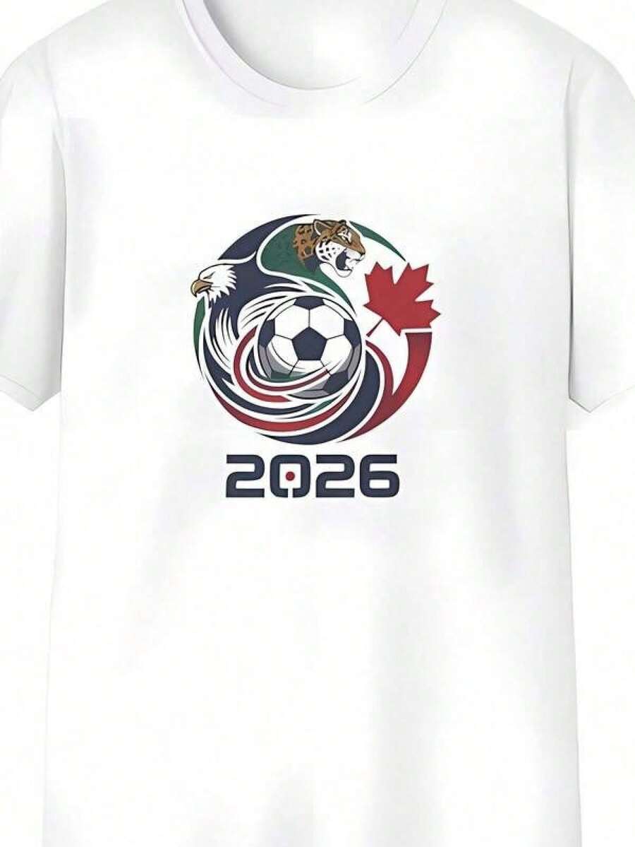 Símbolo del  2026 con águila jaguar balón y hoja de arce que representa la unión de México Estados Unidos y Canadá camiseta para mujer blanca cómoda y casual - Negro - Ver 1